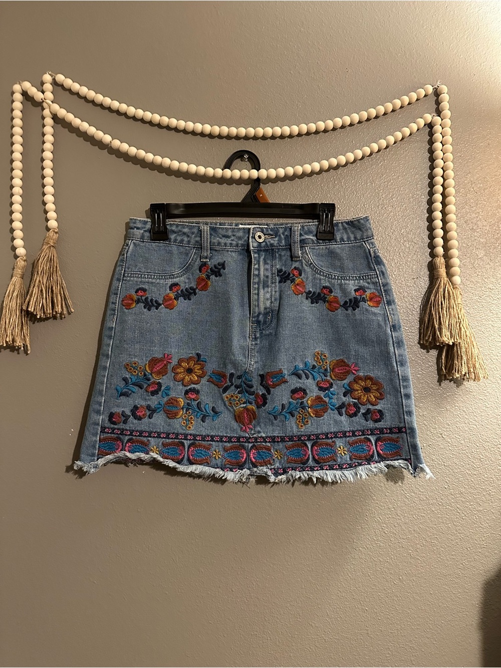 Umgee Blue Denim Mini Skirt with Colorful Floral Embroidery